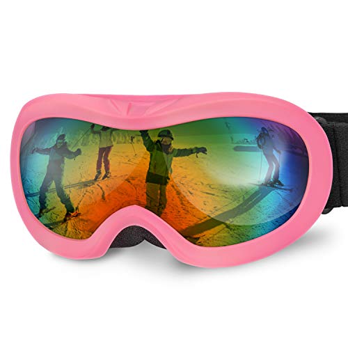 Karvipark Skibrille Kinder, Ski Snowboard Brille Brillenträger Schibrille Verspiegelt, Doppel-Objektiv OTG UV-Schutz Anti Fog Snowboardbrille Kinder für Skifahren Snowboard(Kinder Rosa VLT11%)