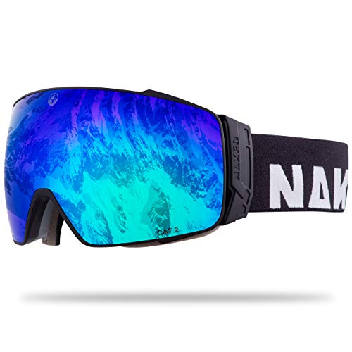 NAKED Optics Skibrille Snowboard Brille für Damen und Herren - Verspiegelt mit Magnet-Wechselsystem – Ski Goggles for Men and Women (Black, +inkl. Schlechtwetterglas)