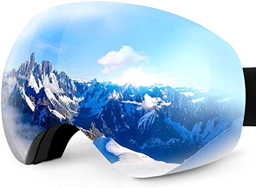 Karvipark Skibrille, Ski Snowboard Brille Brillenträger Schibrille Verspiegelt, Doppel-Objektiv OTG UV-Schutz Anti Fog Snowboardbrille Damen Herren Kinder für Skifahren Snowboard (Silber VLT11%)