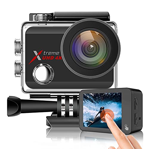 Action Kamera 4K/60fps Ultra HD 20MP WiFi EIS Anti-Shake Wasserdicht 40m Touchscreen Unterwasserkamera 170° Weitwinkel 2 wiederaufladbare 1350mAh Batterien und Helmzubehör-Kits