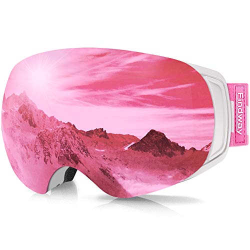findway Skibrille für Brillenträger Herren Damen,Snowboardbrille mit Magnetischen Wechselgläsern, Rosa Verspiegelt Snowboard Brille Magnet Brillenträger Polarisierend