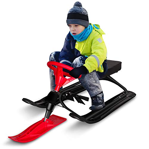 Qdreclod Schlitten Snowracer mit 2 Fußbremse und Lenkrad Schlitten Kinder Lenkschlitten für Kinder Erwachsene Ski Schlitten Tragbar Rodel Schlitten