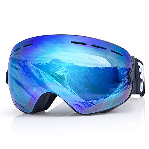 EXP VISION Snowboard Skibrille für Herren Damen Jugend, 100% UV400 Schutz Anti Beschlag über der Brille Winter Schneebrille mit sphärischer abnehmbarer Scheibe (Blue)