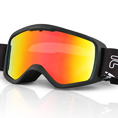 JTENG Skibrille für Kinder, Snowboard Brille Doppel-Objektiv OTG UV400 Anti-Fog Skibrille für Skifahren und Bergsteigen (Schwarz)
