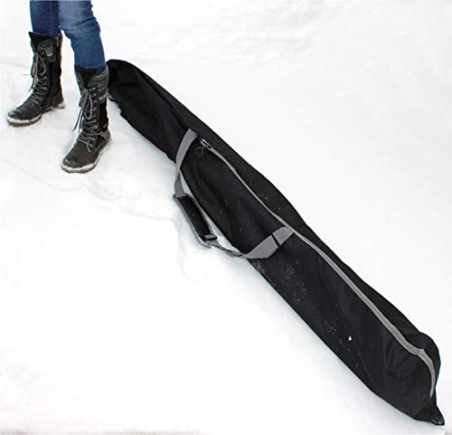 QMBasic Skitasche Classic für 1 Paar Alpinski mit Stöcken | Transporttasche Ausrüstung mit Tragegurt Schwarz Skisack Rolltop Zipper Tasche 1 Pair Ski