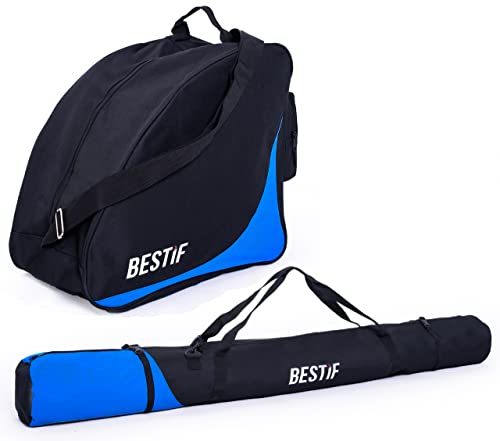 BESTIF Skitasche + Skischuhtasche Set für Ski bis 175 cm | wasserdicht Skibag Stiefeltasche für Skischuhe | Skisack Schwarz | Skicase mit Tragegurt | reißfeste Tasche (Schwarz-Blau)