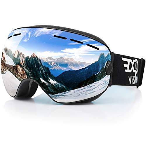 EXP VISION Snowboard Skibrille für Herren Damen Jugend, 100% UV400 Schutz Anti Beschlag über der Brille Winter Schneebrille mit sphärischer abnehmbarer Scheibe (Silver)