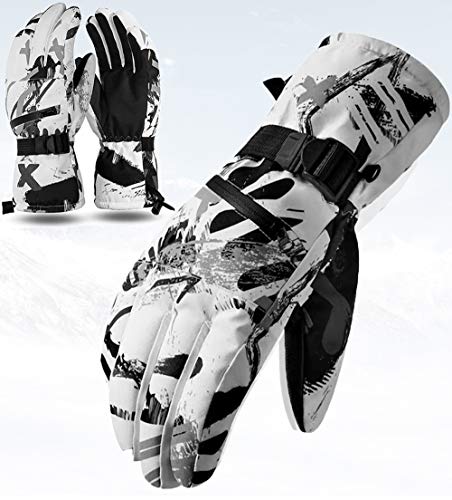 CXW Skihandschuhe Touchscreen Thermohandschuhe Wasserdicht Snowboard Handschuhe für Damen und Herren (Weiß & Grau Graffiti, S)