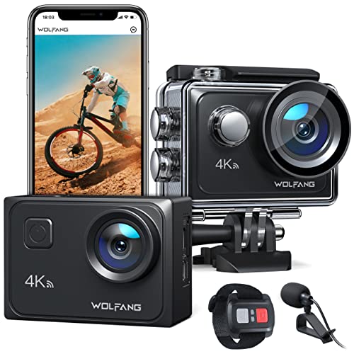 WOLFANG GA300 Action Cam 4K 60FPS Unterwasserkamera WiFi 40M wasserdichte 2.0 EIS Bildstabilisator Touchscreen Helmkamera 8X Zoom (Externes Mikrofon, 2x1350mAh Akkus und Zubehör Kit)