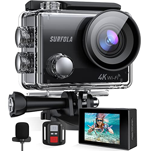 Surfola Action Cam 4K/30FPS 20MP 40M Unterwasserkamera WiFi PC Kamera Helmkamera mit Externes Mikrofon Fernbedienung 2x1050mAh Akkus und Zubehör Kit